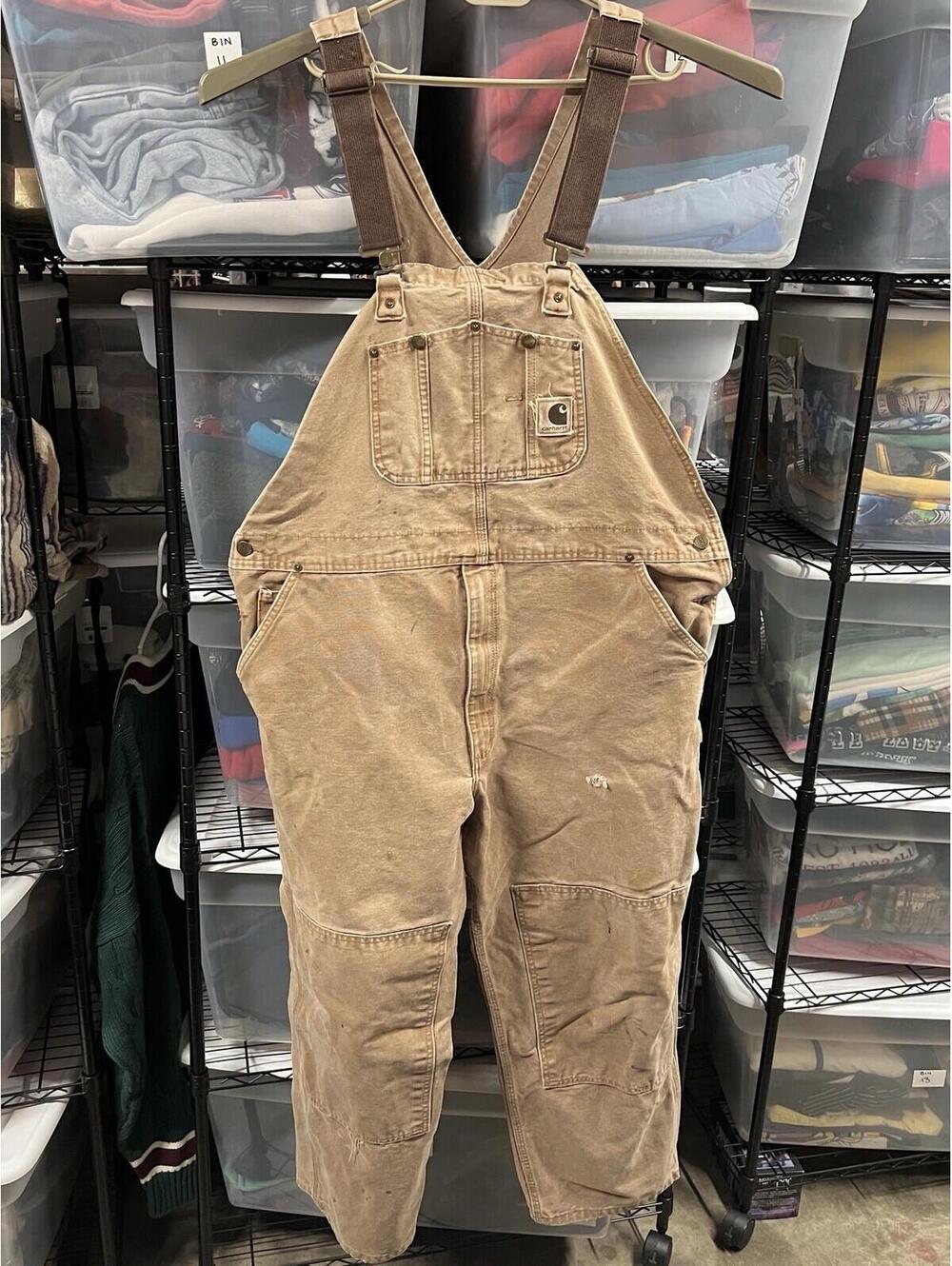 VTG Carhartt R06 BRN Double-Knee Bib Overalls Duck Canvas Size 44x30 Distressed